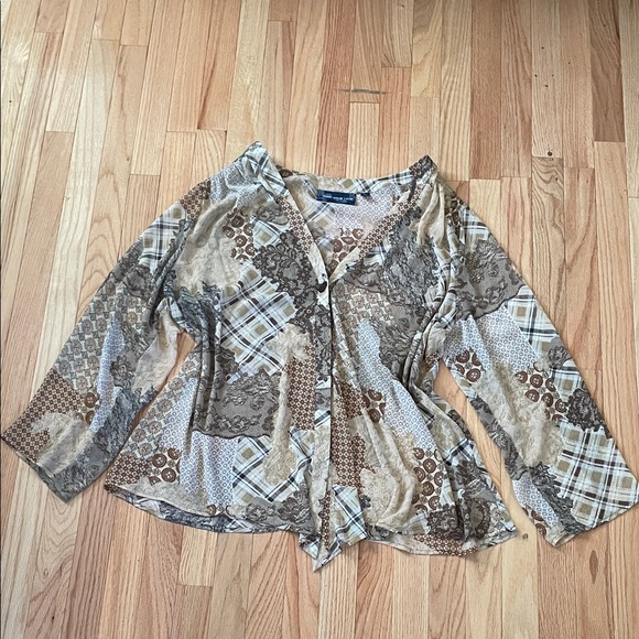 Susan Graver Tops - Susan Graver Top Womens 2x Brown Patchwork Print Button Up Boho Coastal Casual